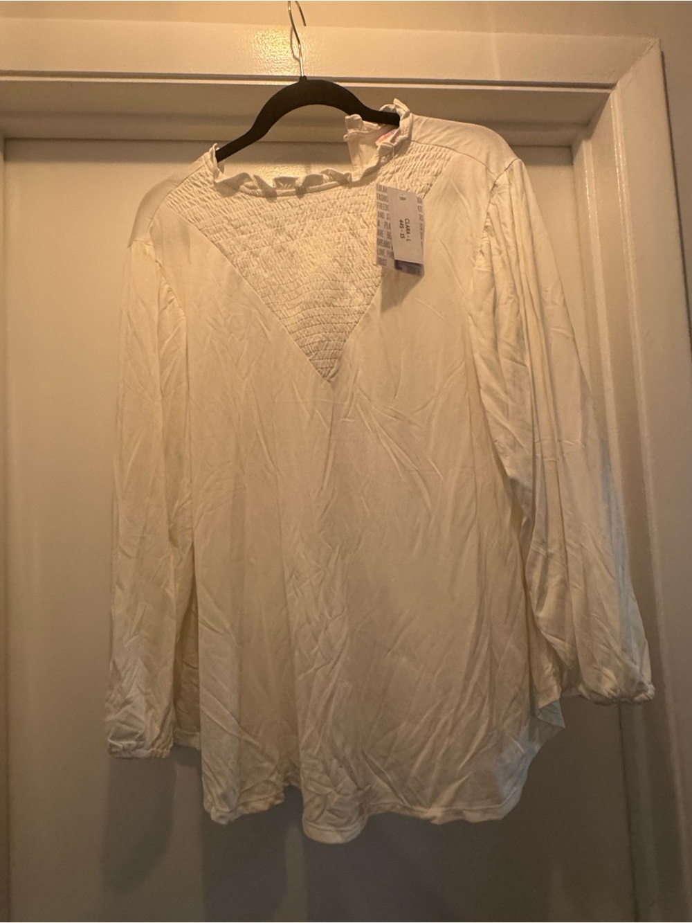 LuLaRoe White Smocked V-Yoke Long Sleeve Blouse